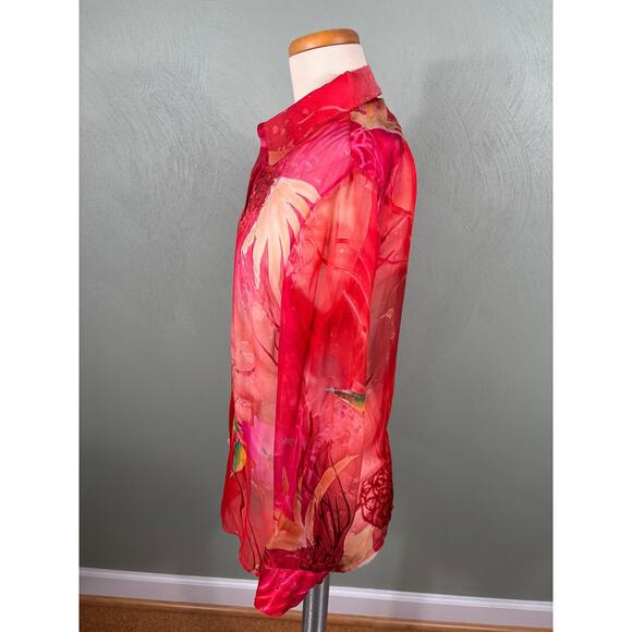 Chico's Women's Size 1 Medium Red Semi Sheer Silk Blend Long Sleeve Tops Blouse - Picture 3 of 11